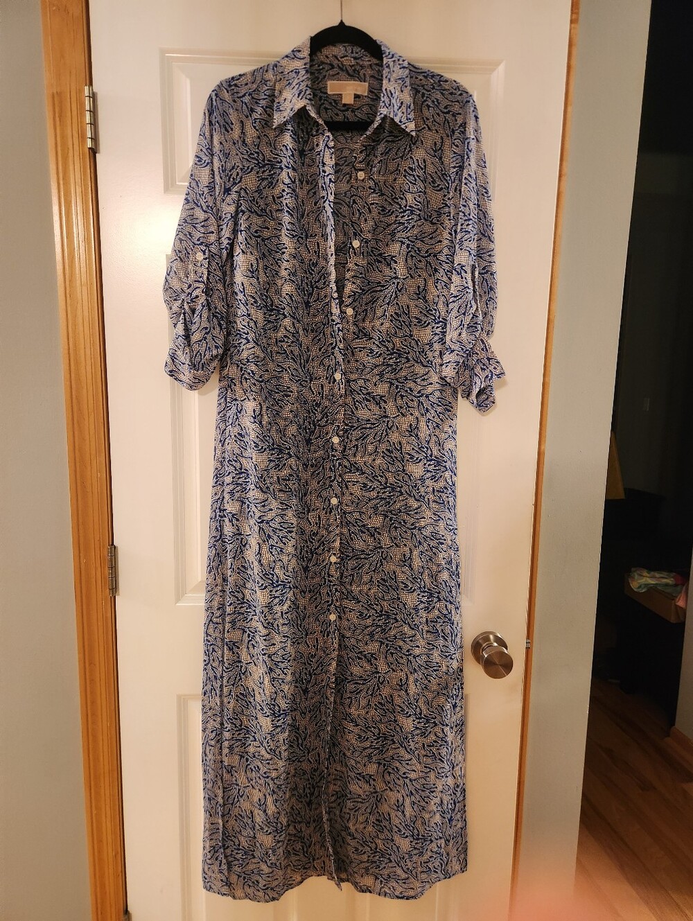 Michael Kors Blue and White Button-Front Maxi Shirt Dress